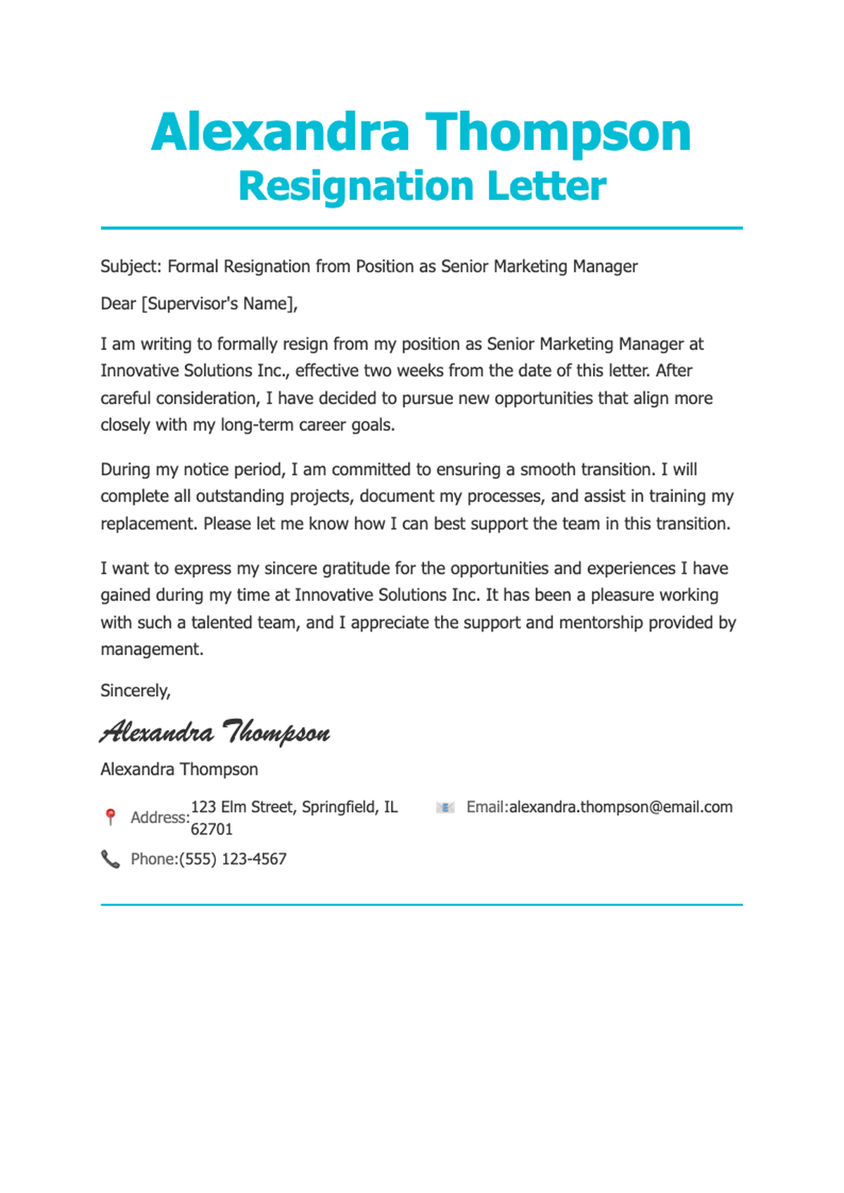 Professional resignation letter template with teal accents and contact details_variant_1
